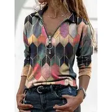 2024 V Neck Digital Printed Long Sleeve T-Shirt Women — feature 29