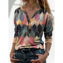2024 V Neck Digital Printed Long Sleeve T-Shirt Women — feature 31