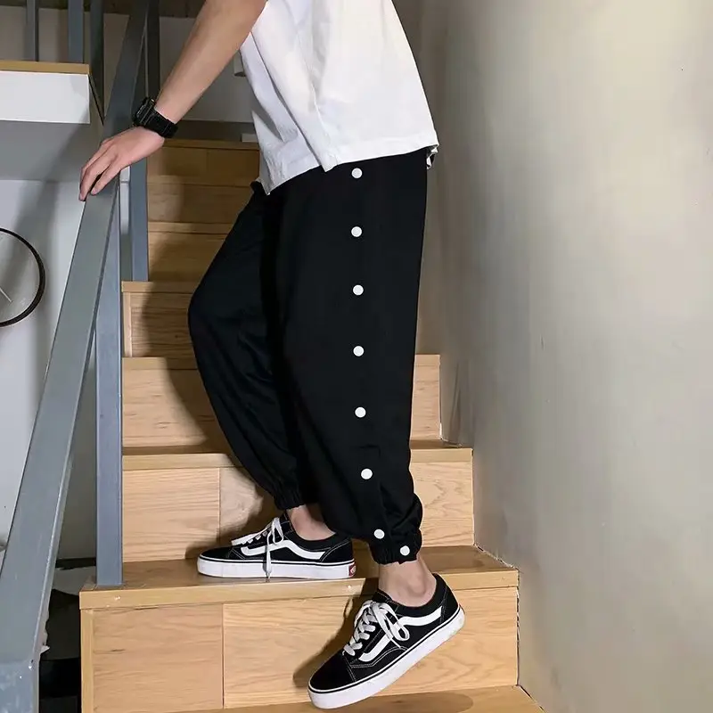 Men Grey Hip Hop Pants with Buttons Ankle Tie - Image 4