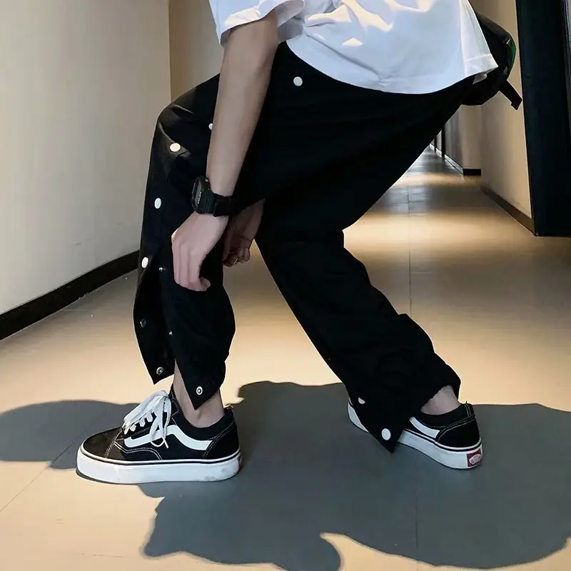 Men Grey Hip Hop Pants with Buttons Ankle Tie - Image 5