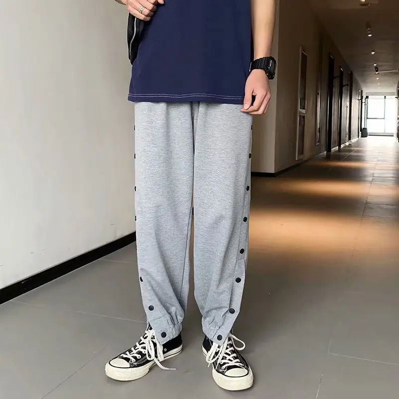 Men Grey Hip Hop Pants with Buttons Ankle Tie - Image 6