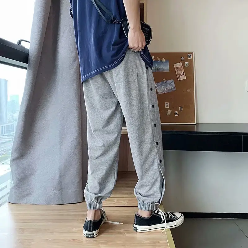 Men Grey Hip Hop Pants with Buttons Ankle Tie - Image 7