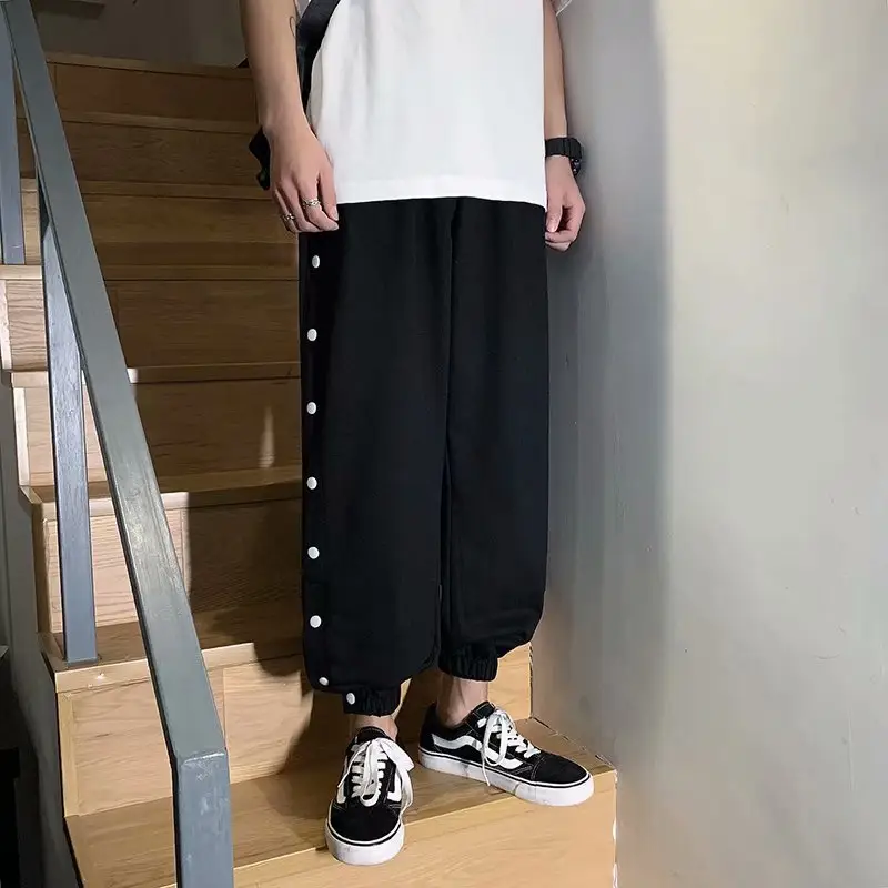 Men Grey Hip Hop Pants with Buttons Ankle Tie - Image 2