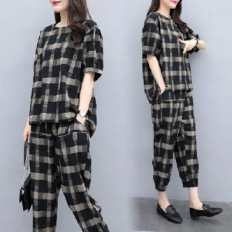 Women Plaid 2-Piece Summer Pants Set Plus Size - Image 3