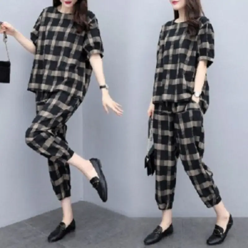 Women Plaid 2-Piece Summer Pants Set Plus Size - Image 4