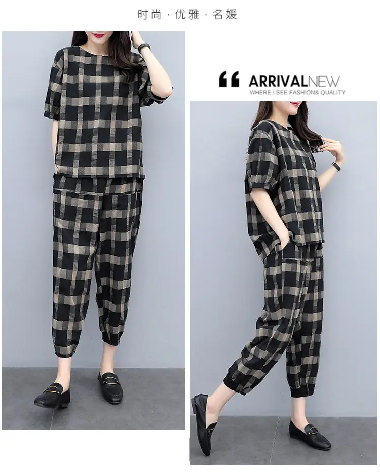 Women Plaid 2-Piece Summer Pants Set Plus Size — feature 14
