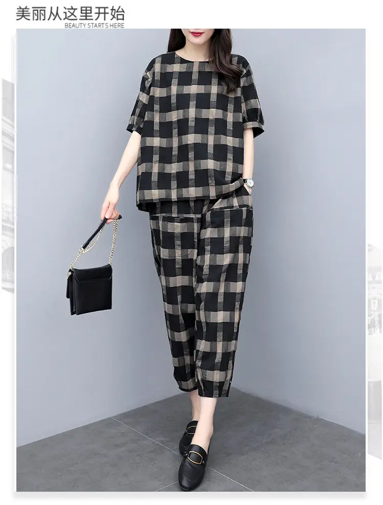 Women Plaid 2-Piece Summer Pants Set Plus Size — feature 15