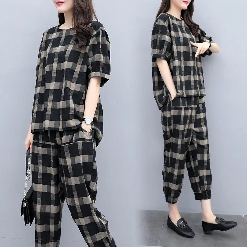 Women Plaid 2-Piece Summer Pants Set Plus Size — feature 2