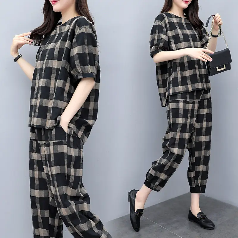 Women Plaid 2-Piece Summer Pants Set Plus Size — feature 21