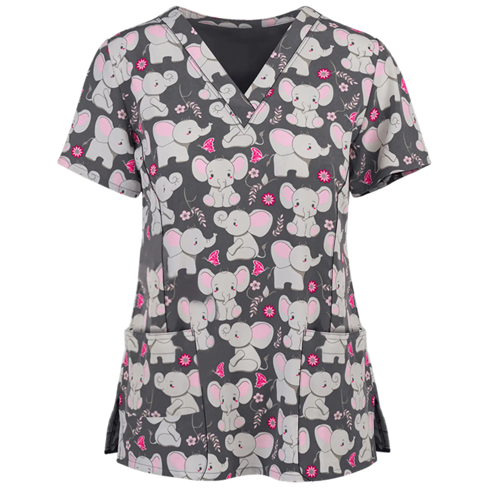 2021 Print Nurse T-Shirt for Women Grey Elephant Pattern - Image 3