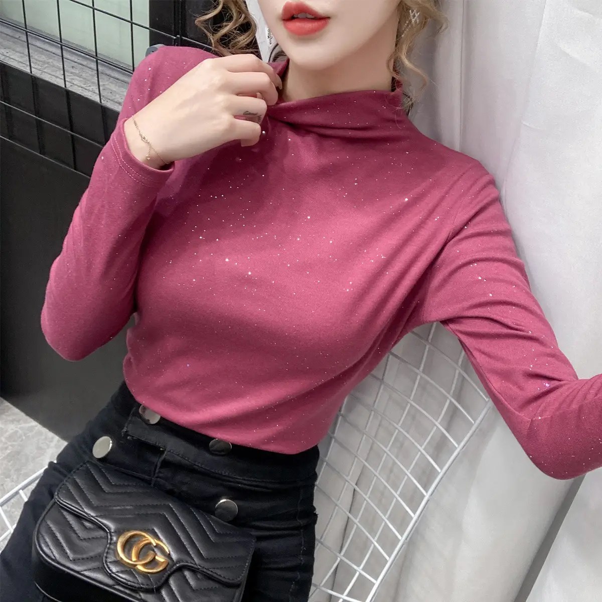 Black Sparkly Long Sleeve T-Shirt for Women - Image 5