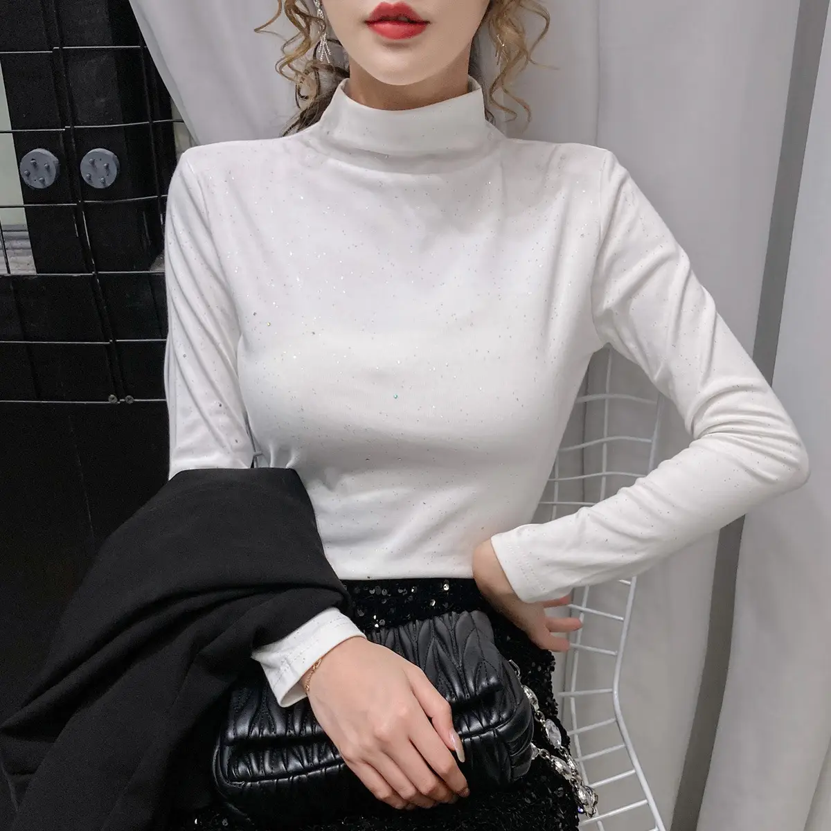 Black Sparkly Long Sleeve T-Shirt for Women - Image 7