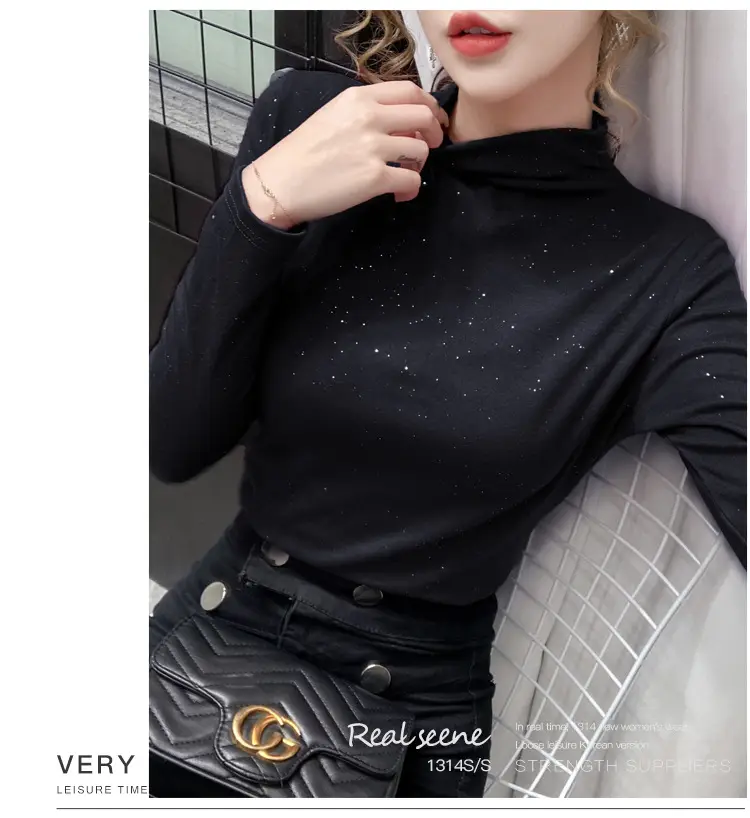 Black Sparkly Long Sleeve T-Shirt for Women — feature 16