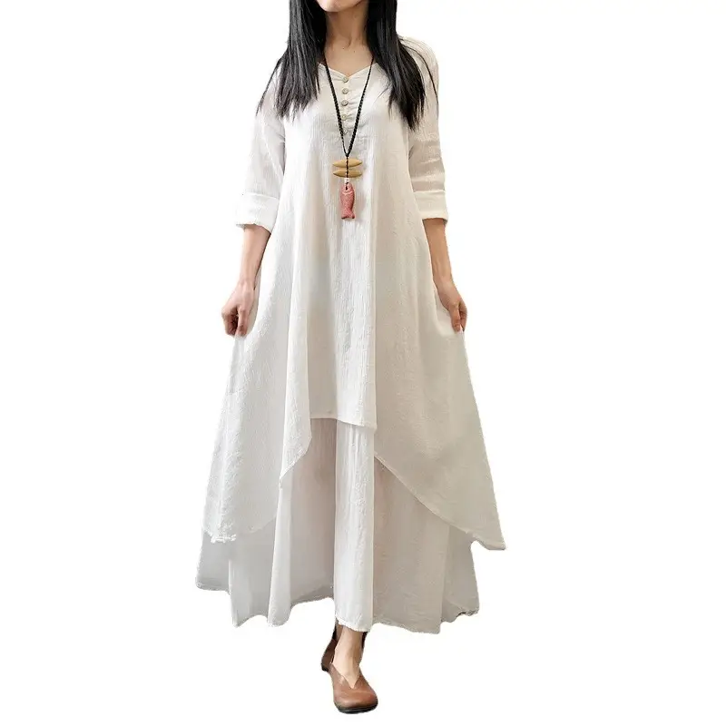 2024 Long Linen Skirt Dress White Loose Sleeve - Image 10