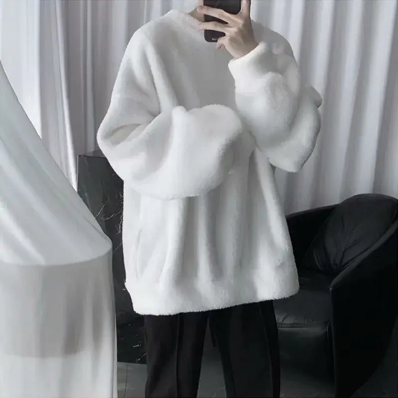 Black Wool Crewneck Sweater for Men Loose Fit Winter Coat - Image 4