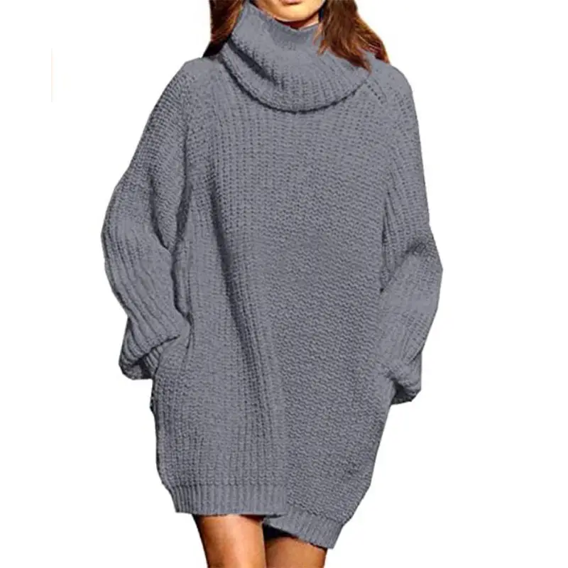 Women Long Sleeve Turtleneck Sweater Grey Knitted Mid Length - Image 2