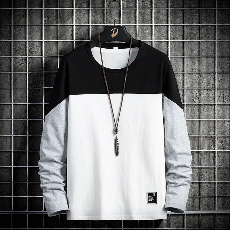 Men Pure Cotton 2025 T-Shirt Gray White Round Neck Long Sleeve - Image 2