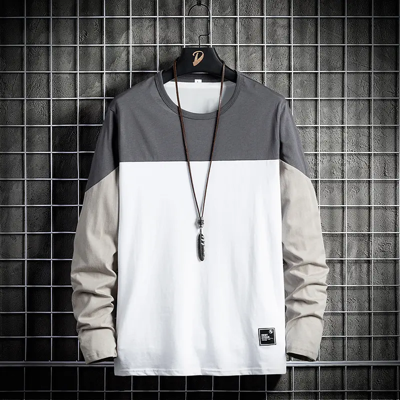 Men Pure Cotton 2025 T-Shirt Gray White Round Neck Long Sleeve - Image 3