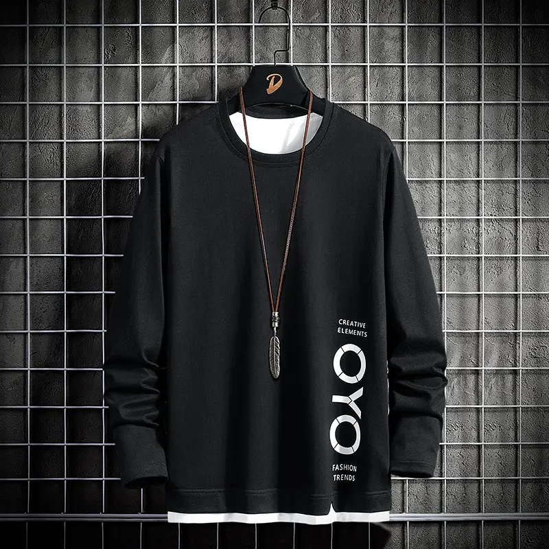 Men Pure Cotton Korean Style T-Shirt Black Long Sleeve - Image 2