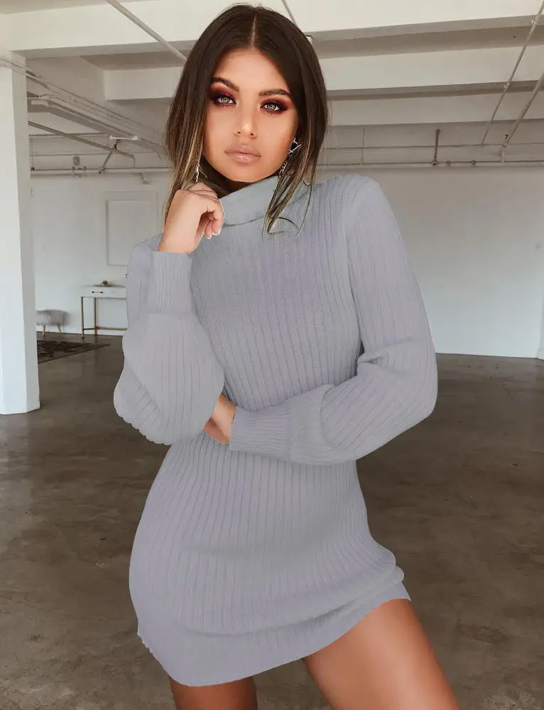 Women Knitted High Collar Dress Cream Slim Fit