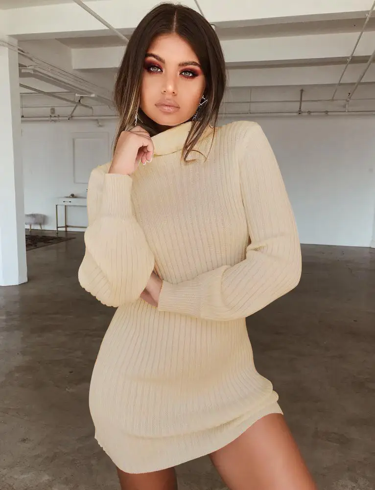 Women Knitted High Collar Dress Cream Slim Fit