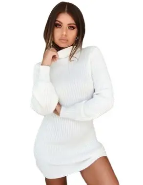 Women Knitted High Collar Dress Cream Slim Fit