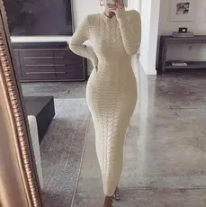 Women Knitted High Collar Dress Cream Slim Fit — feature 2