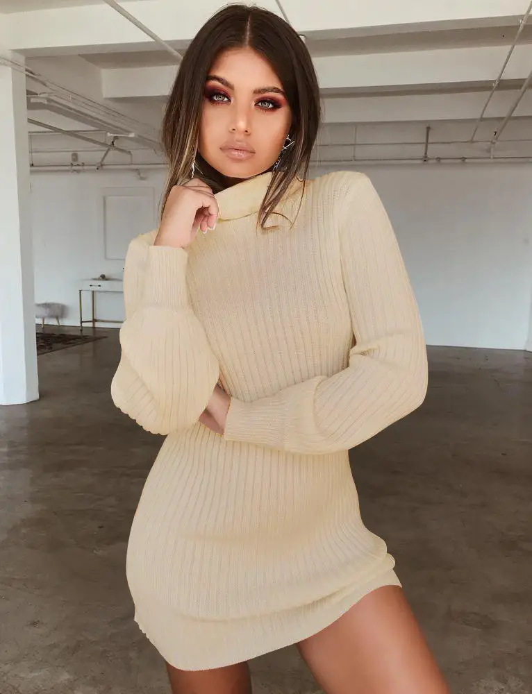 Women Knitted High Collar Dress Cream Slim Fit