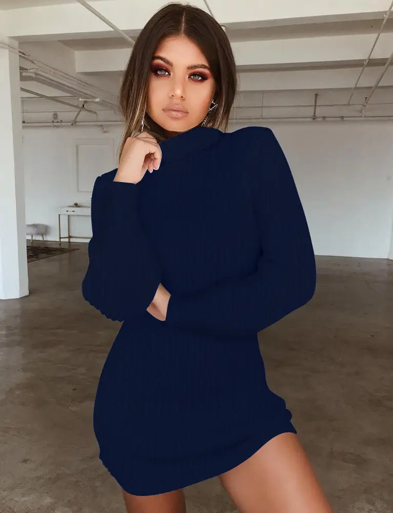 Women Knitted High Collar Dress Cream Slim Fit
