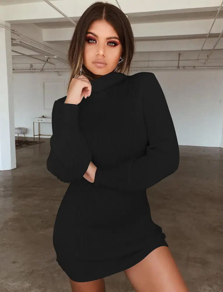 Women Knitted High Collar Dress Cream Slim Fit