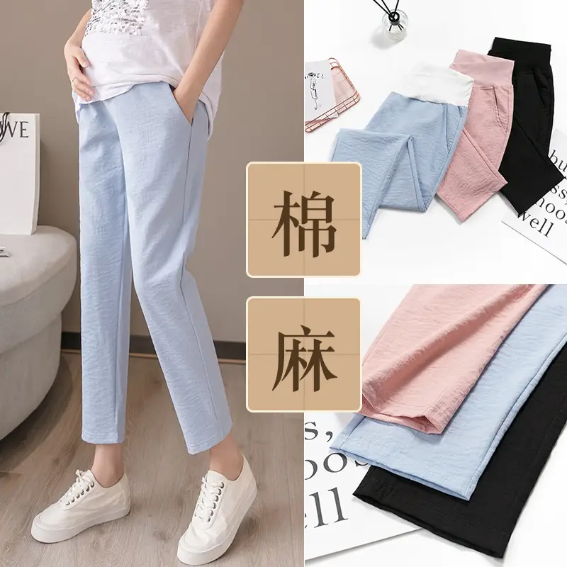 2022 Pregnant Women Pants Light Blue Low Waist Cotton Linen - Image 5