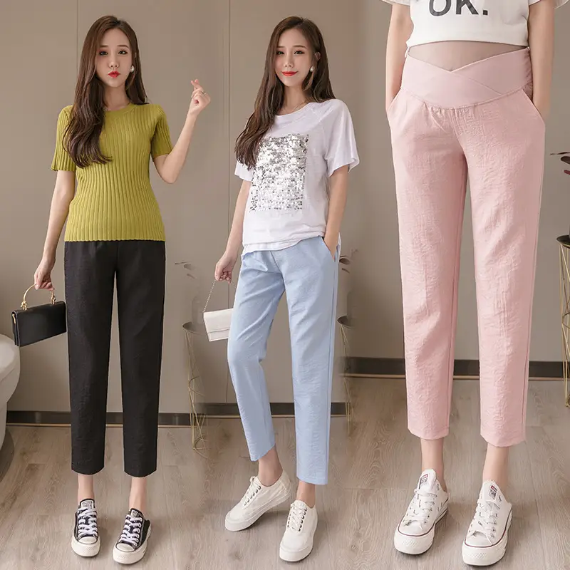 2022 Pregnant Women Pants Light Blue Low Waist Cotton Linen - Image 6