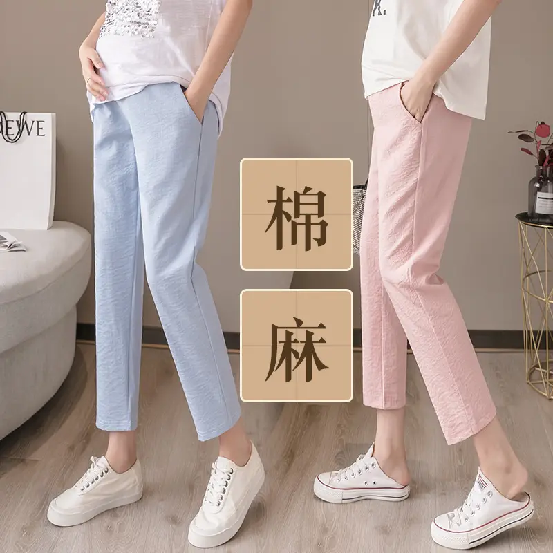 2022 Pregnant Women Pants Light Blue Low Waist Cotton Linen - Image 7