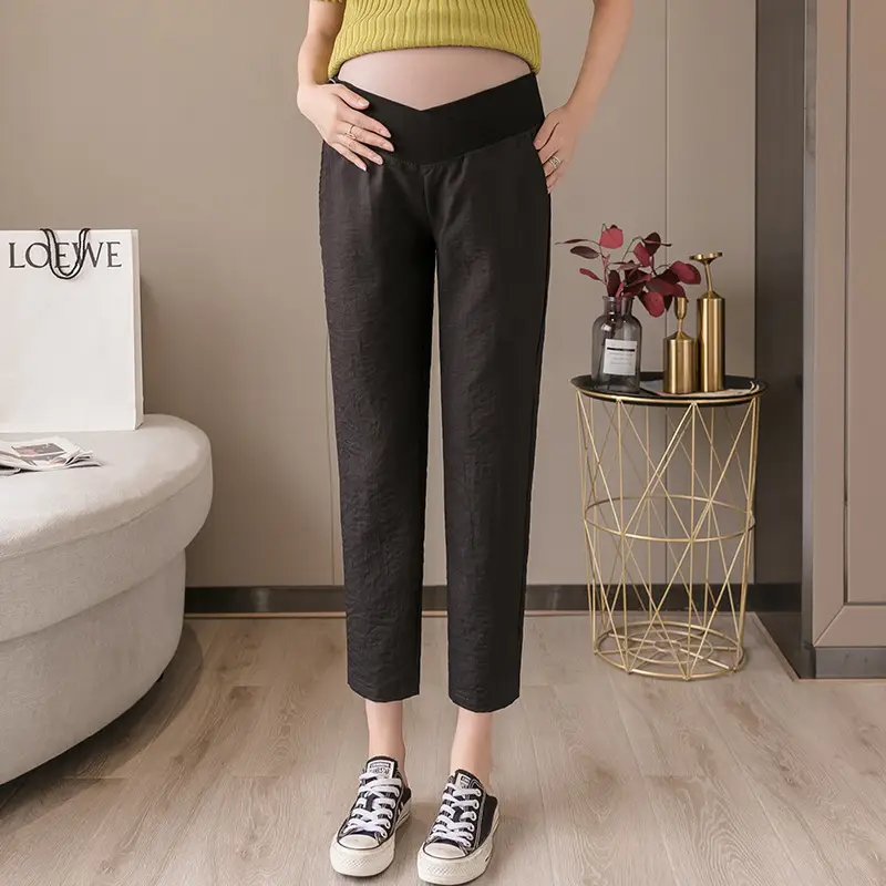 2022 Pregnant Women Pants Light Blue Low Waist Cotton Linen - Image 2