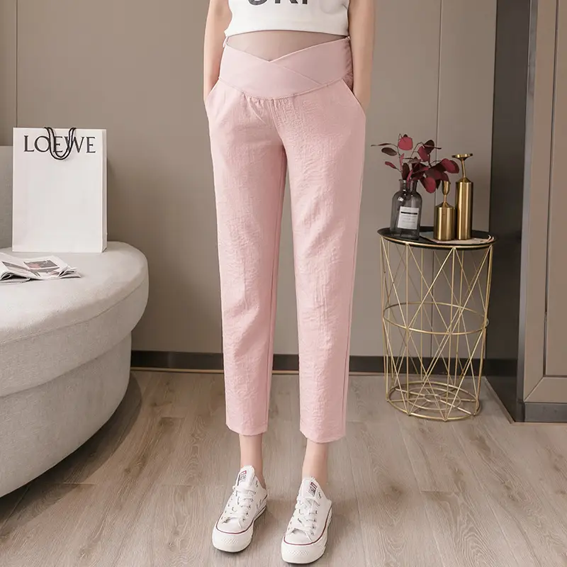 2022 Pregnant Women Pants Light Blue Low Waist Cotton Linen - Image 3
