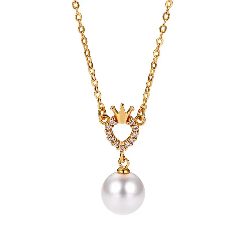 Gold Plated Pearl Crown Pendant Necklace for Women - Image 9