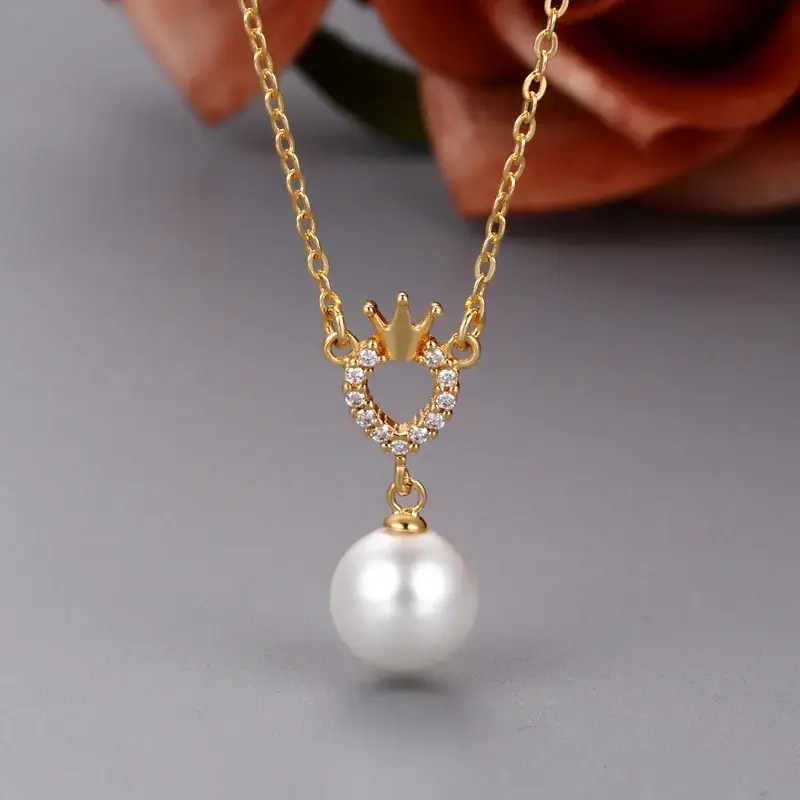 Gold Plated Pearl Crown Pendant Necklace for Women - Image 2