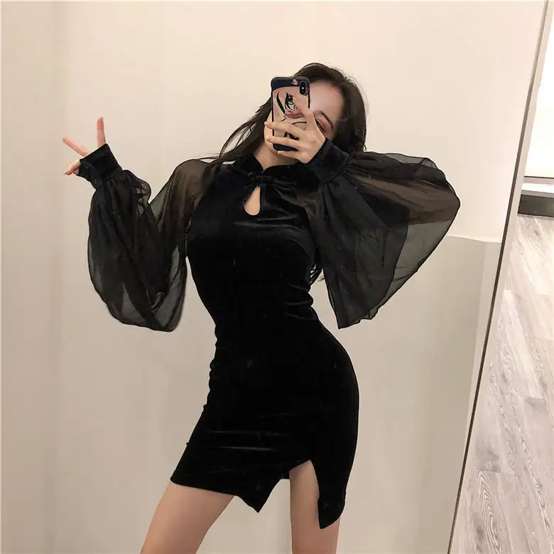 Black Velvet Slimming Cheongsam with Split Skirt & Lantern Sleeve - Image 2