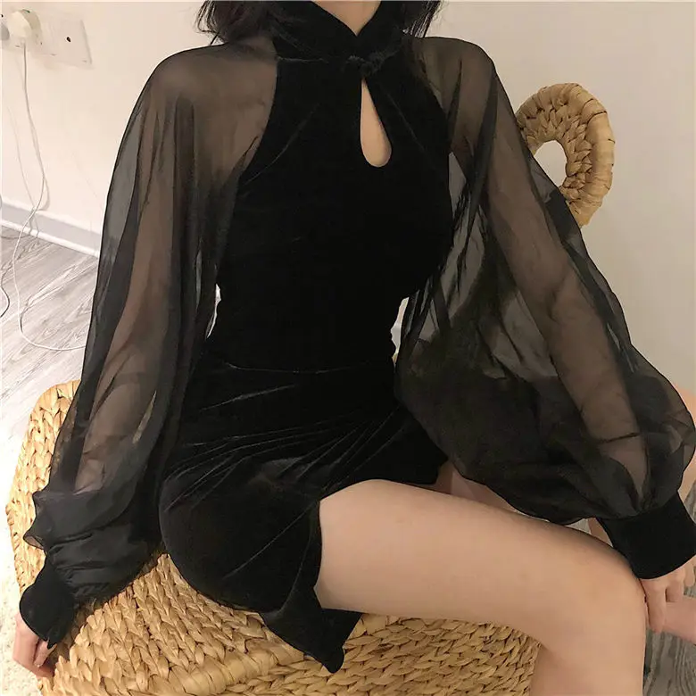 Black Velvet Slimming Cheongsam with Split Skirt & Lantern Sleeve - Image 5