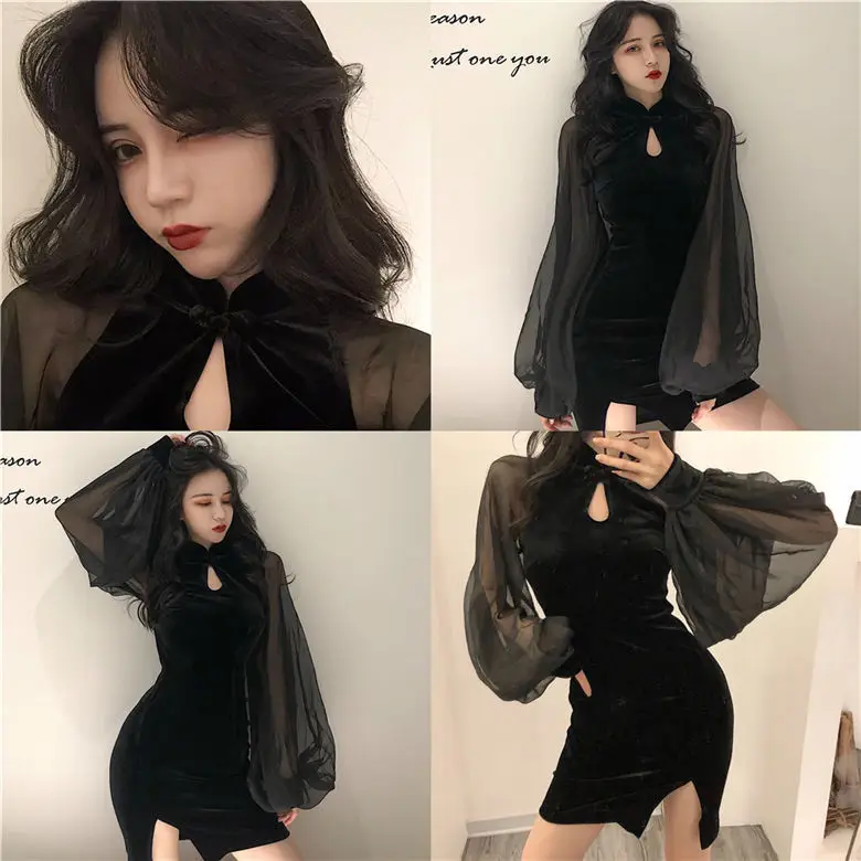 Black Velvet Slimming Cheongsam with Split Skirt & Lantern Sleeve — feature 1