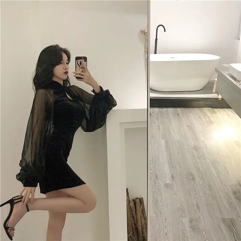 Black Velvet Slimming Cheongsam with Split Skirt & Lantern Sleeve — feature 12