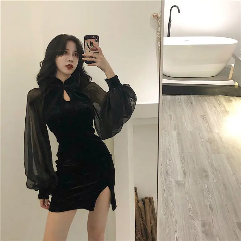 Black Velvet Slimming Cheongsam with Split Skirt & Lantern Sleeve — feature 13
