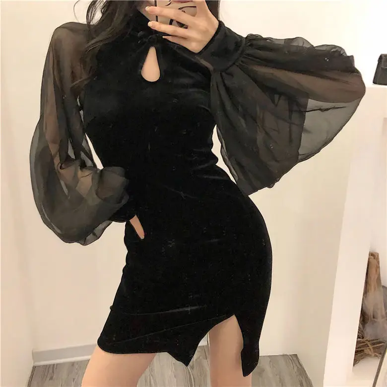 Black Velvet Slimming Cheongsam with Split Skirt & Lantern Sleeve — feature 16