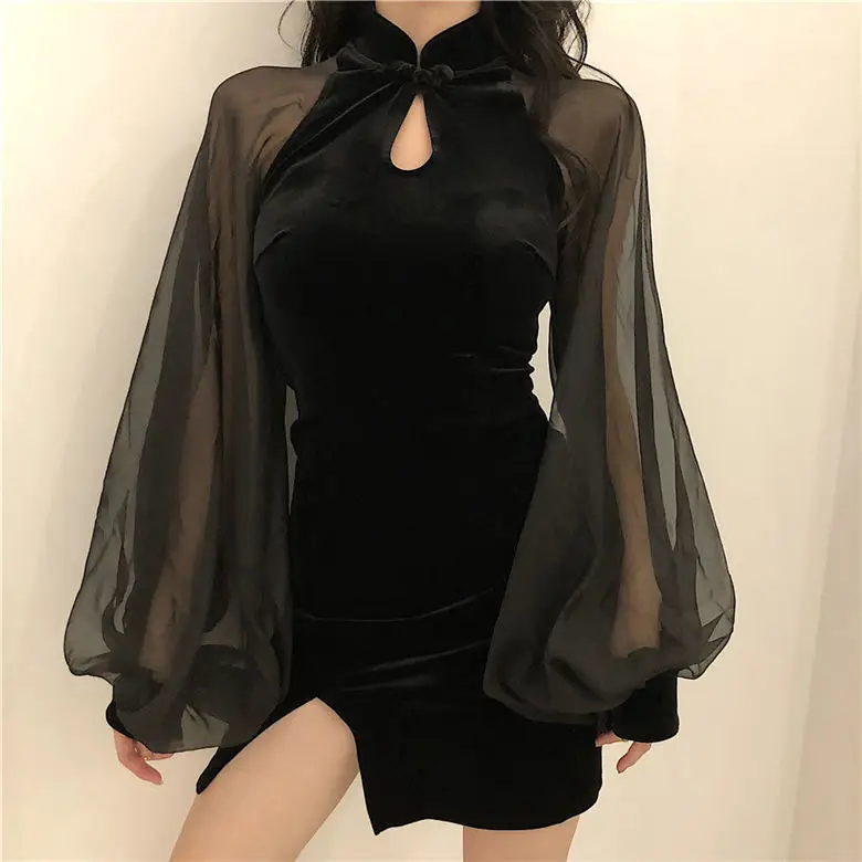 Black Velvet Slimming Cheongsam with Split Skirt & Lantern Sleeve — feature 20