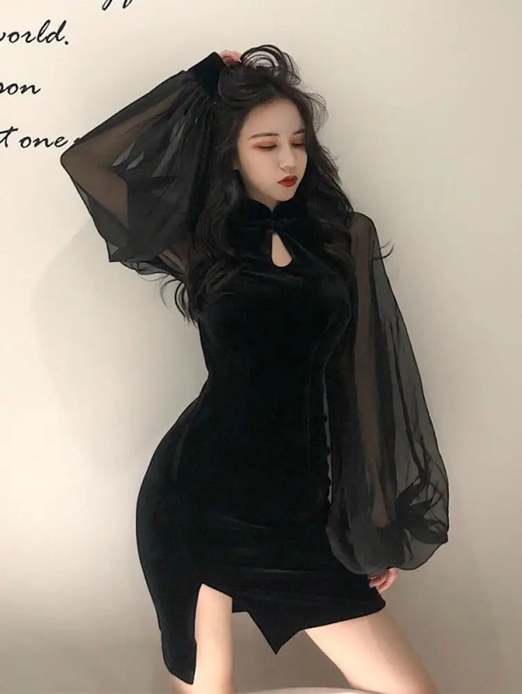 Black Velvet Slimming Cheongsam with Split Skirt & Lantern Sleeve — feature 21