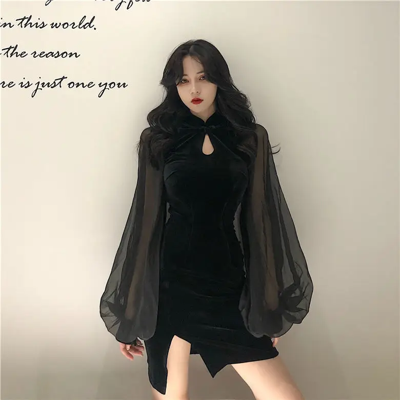 Black Velvet Slimming Cheongsam with Split Skirt & Lantern Sleeve — feature 3