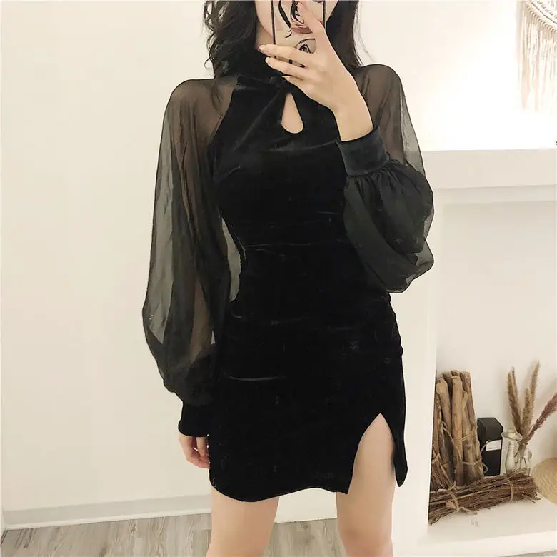 Black Velvet Slimming Cheongsam with Split Skirt & Lantern Sleeve — feature 5