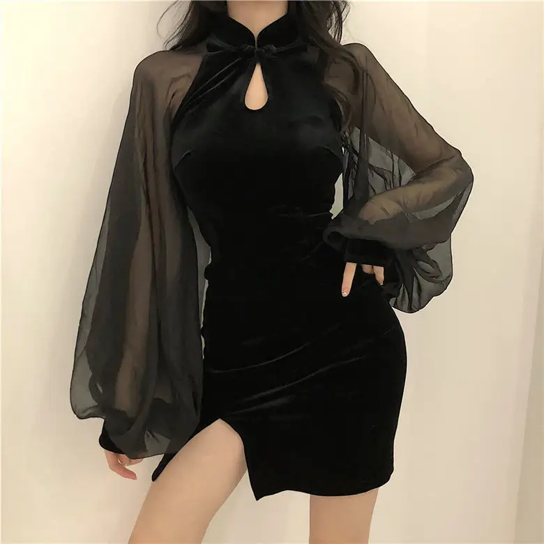 Black Velvet Slimming Cheongsam with Split Skirt & Lantern Sleeve — feature 6