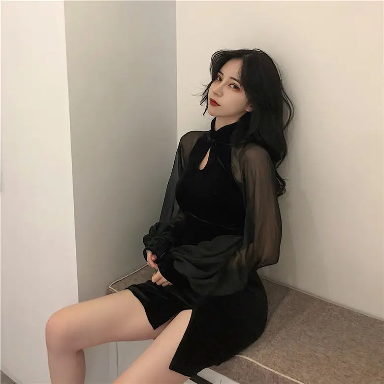 Black Velvet Slimming Cheongsam with Split Skirt & Lantern Sleeve — feature 8
