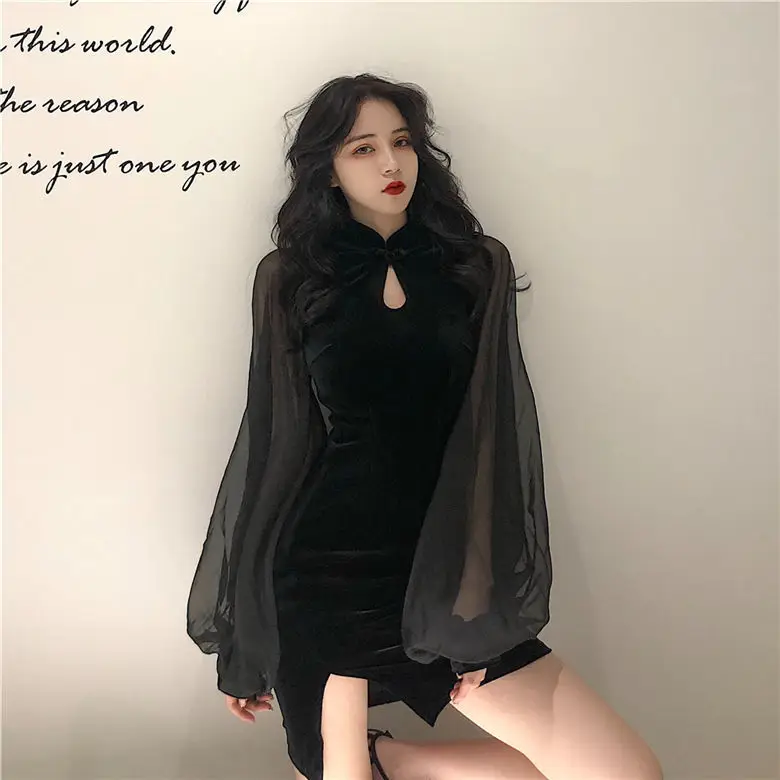 Black Velvet Slimming Cheongsam with Split Skirt & Lantern Sleeve — feature 9